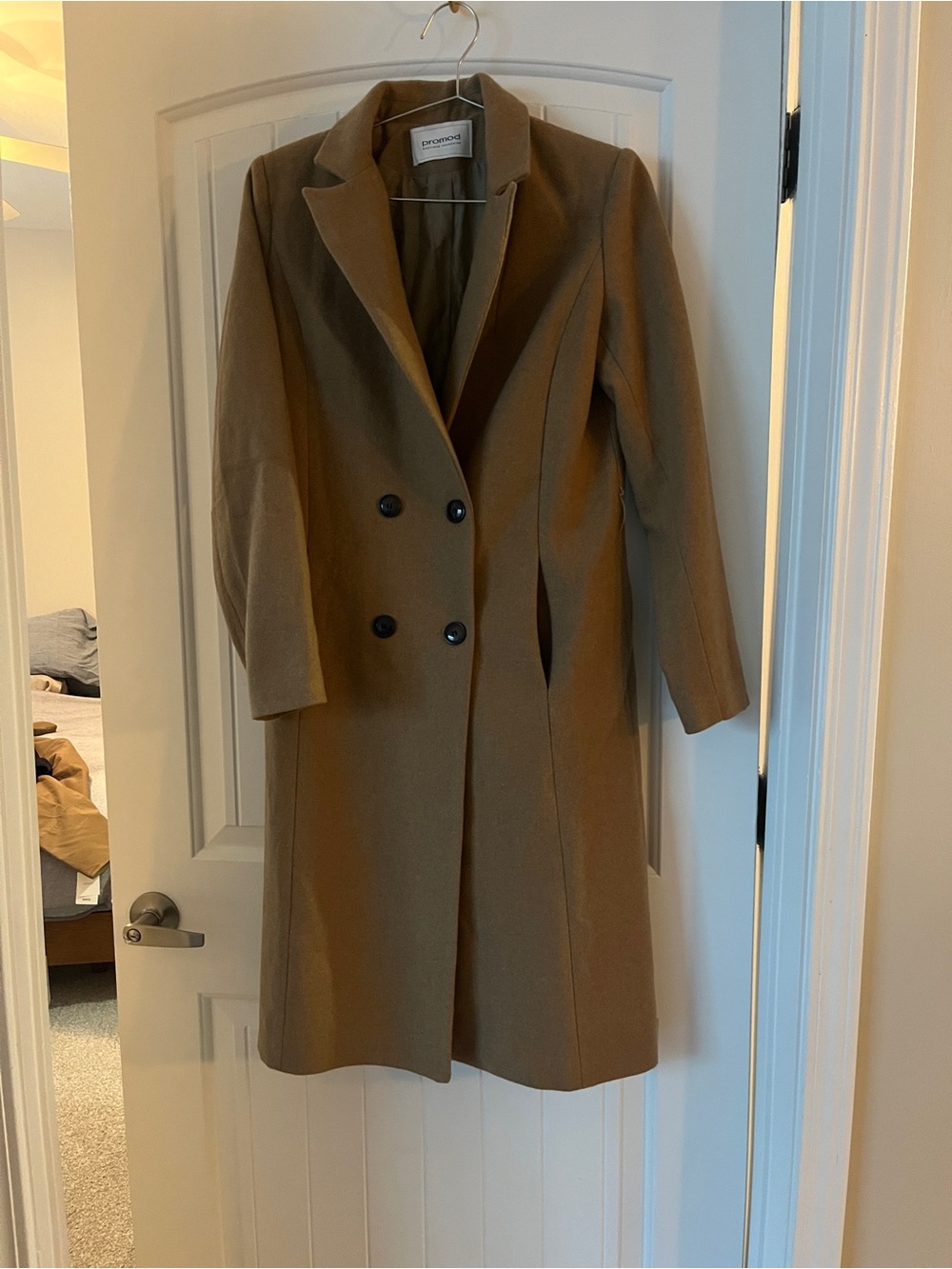 Promod Double-Breasted wool blend long Coat in Camel Brown